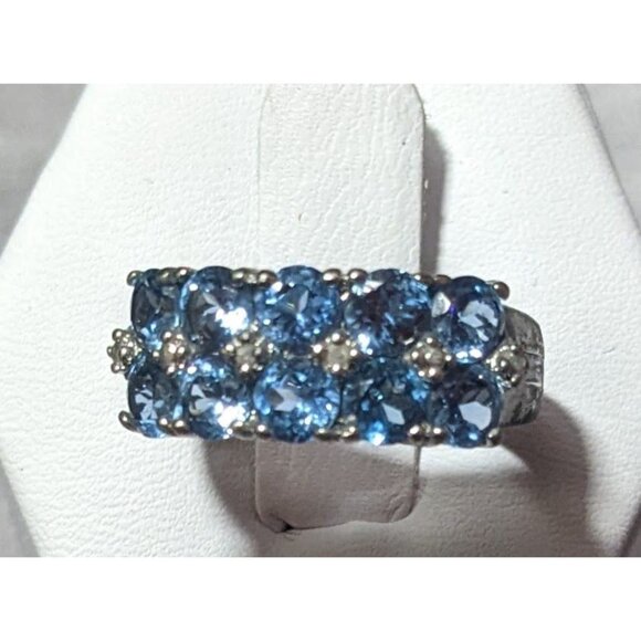Blue And Clear Gemmed Double Row Silver Tone Ring Size 5 3/4 - Picture 1 of 16